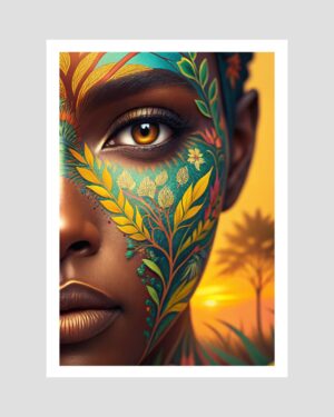 Portrait artistique de femme créole orné de feuillages sur fond de coucher de soleil, affiche imprimée en Guadeloupe