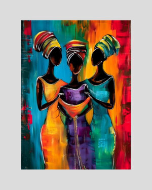 Affiche décorative de trois femmes africaines stylisées sur fond coloré, style art afro contemporain