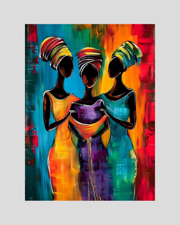 Affiche décorative de trois femmes africaines stylisées sur fond coloré, style art afro contemporain