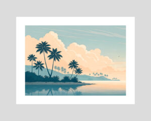 Affiche bord de mer avec paysage tropical minimaliste, palmiers et ciel pastel
