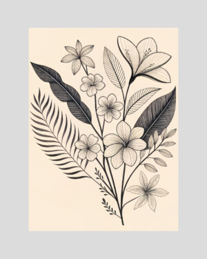 Affiche minimaliste de fleurs en noir et blanc, style botanique dessiné à l’encre
