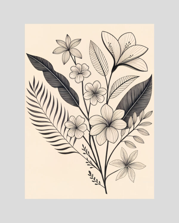 Affiche minimaliste de fleurs en noir et blanc, style botanique dessiné à l’encre