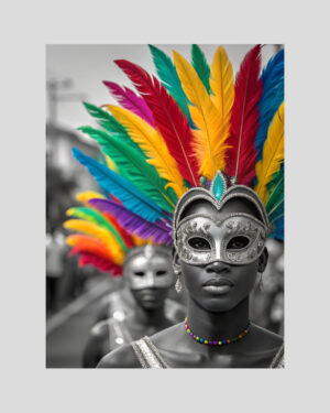 Femmes masquées au carnaval de Guadeloupe avec coiffe de plumes colorées – affiche noir et blanc festive