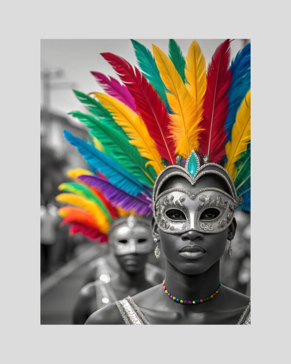 Femmes masquées au carnaval de Guadeloupe avec coiffe de plumes colorées – affiche noir et blanc festive