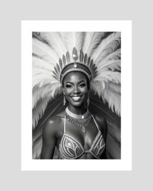 Portrait d’une reine de carnaval antillais en noir et blanc, avec coiffe à plumes et parure élégante – affiche décorative