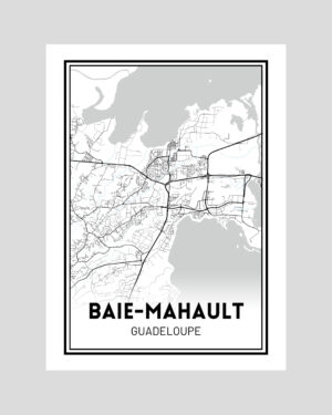 Affiche carte minimaliste de Baie-Mahault en Guadeloupe, en noir et blanc