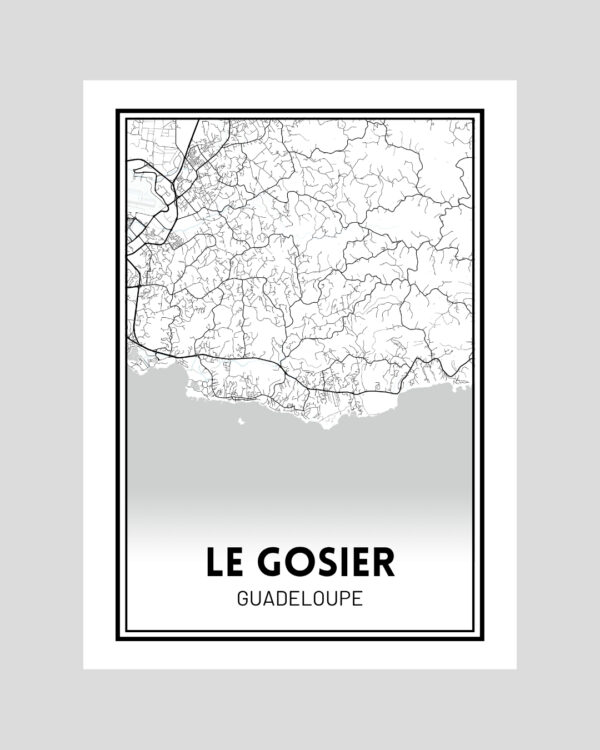 Affiche carte minimaliste du Gosier en Guadeloupe, en noir et blanc