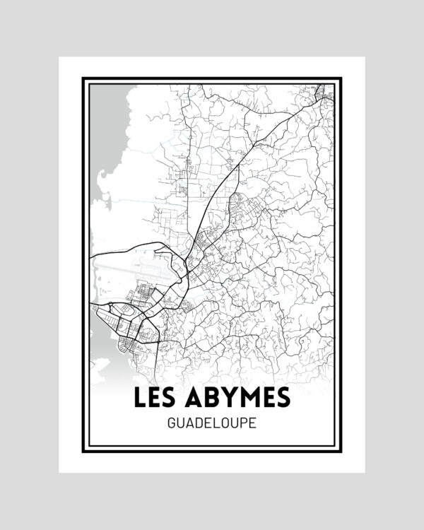 Affiche carte minimaliste des Abymes en Guadeloupe, en noir et blanc
