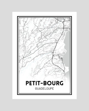 Affiche carte minimaliste de Petit-Bourg en Guadeloupe, en noir et blanc