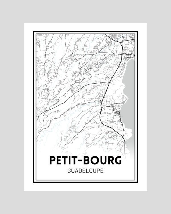 Affiche carte minimaliste de Petit-Bourg en Guadeloupe, en noir et blanc