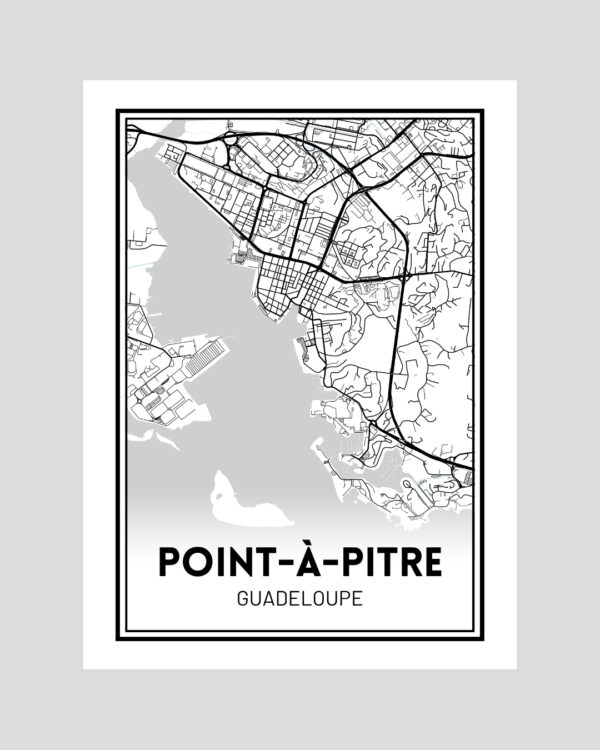 Affiche carte minimaliste de Point-à-Pitre en Guadeloupe, en noir et blanc