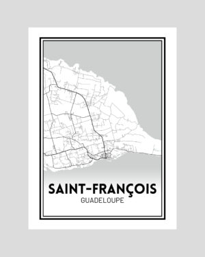 Affiche carte minimaliste de Saint-François en Guadeloupe, en noir et blanc