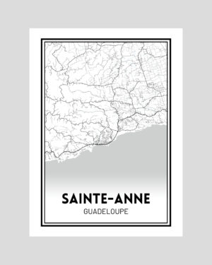 Affiche carte minimaliste de Sainte-Anne en Guadeloupe, en noir et blanc