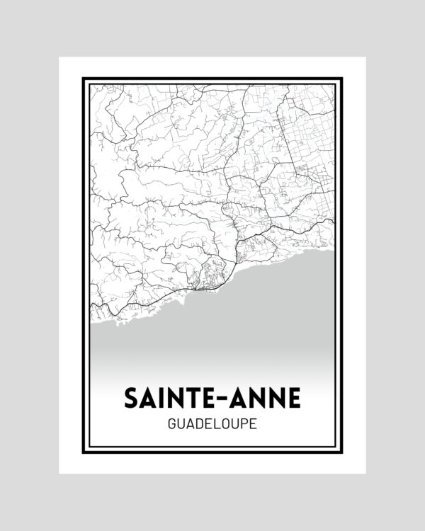 Affiche carte minimaliste de Sainte-Anne en Guadeloupe, en noir et blanc