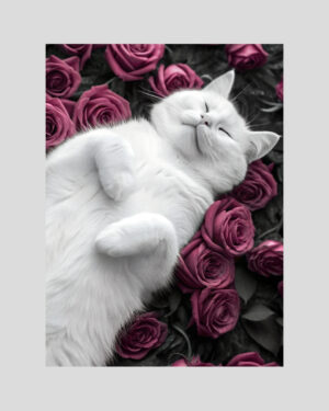 Affiche d’un chat blanc allongé sur des roses roses – Style floral apaisant