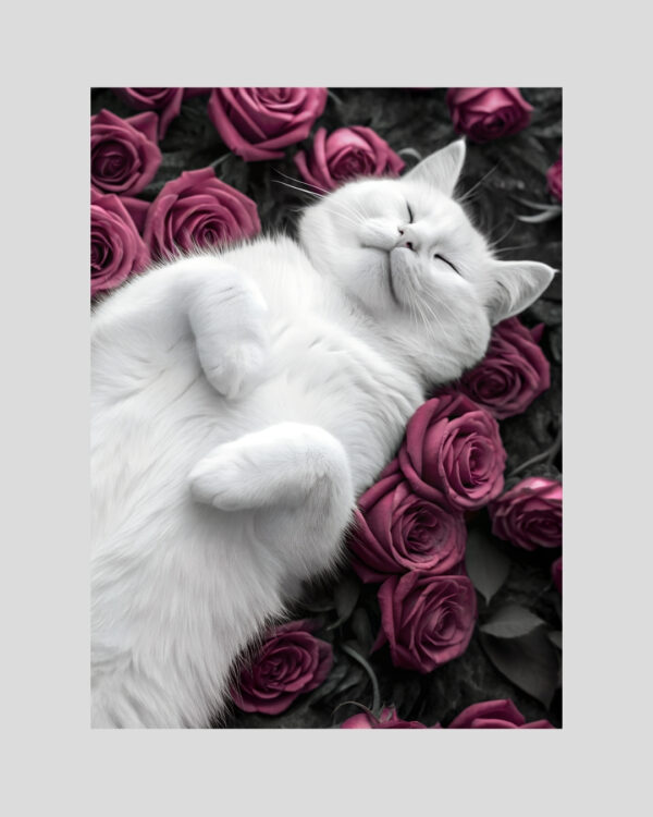Affiche d’un chat blanc allongé sur des roses roses – Style floral apaisant
