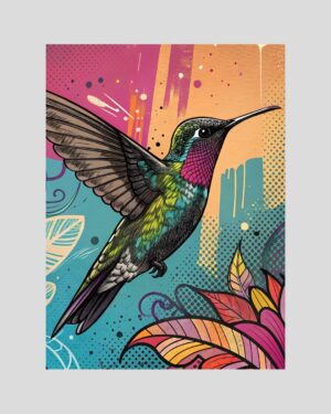 Affiche pop art d’un colibri en vol sur fond tropical graphique orange, rose et turquoise