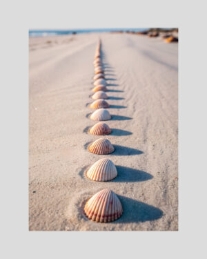 Affiche de coquillages alignés dans le sable au bord de la mer sous la lumière dorée