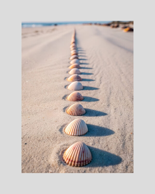 Affiche de coquillages alignés dans le sable au bord de la mer sous la lumière dorée