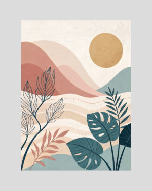 Affiche coucher de soleil Guadeloupe style bohème, avec collines rose pastel, feuillages tropicaux et soleil doré