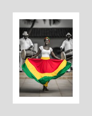 Danseuse traditionnelle de Guadeloupe en noir et blanc avec jupe colorée – affiche culturelle antillaise