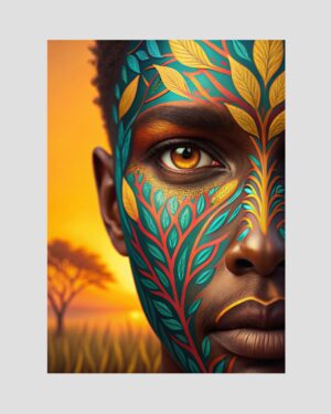 Demi portrait artistique d’un homme guadeloupéen orné de feuillages, tons bleu, vert et jaune orangé de coucher de soleil, imprimé en Guadeloupe