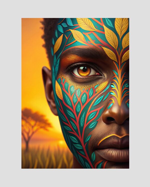 Demi portrait artistique d’un homme guadeloupéen orné de feuillages, tons bleu, vert et jaune orangé de coucher de soleil, imprimé en Guadeloupe