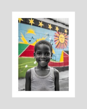Jeune garçon antillais souriant devant un mur coloré avec motifs soleil et étoiles – affiche Antilles