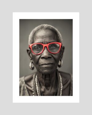 Portrait d’une femme antillaise âgée en noir et blanc avec lunettes rouges – affiche murale créole