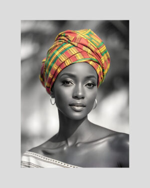 Portrait d’une femme antillaise en noir et blanc avec turban madras coloré – affiche créole élégante