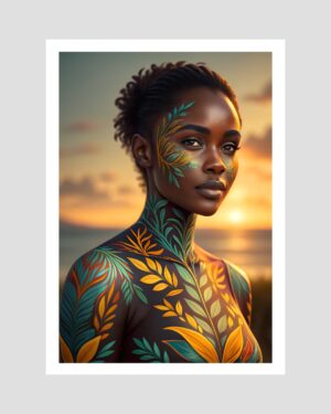 Portrait artistique d’une femme antillaise orné de feuillages tropicaux sur fond végétal, couleurs chaudes, imprimé en Guadeloupe
