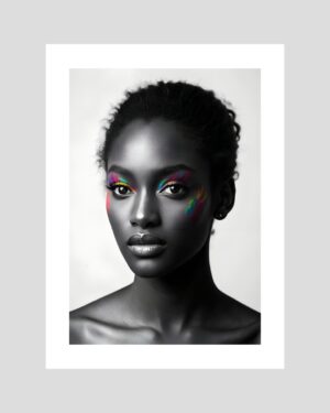Portrait d’une femme noire en noir et blanc avec maquillage fluo – affiche artistique moderne