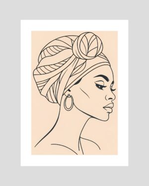 Affiche murale minimaliste d’une femme créole de profil en tracé noir sur fond pastel