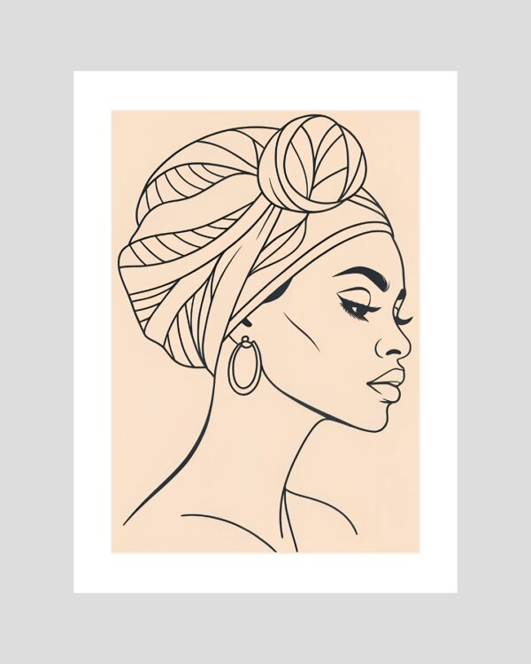 Affiche murale minimaliste d’une femme créole de profil en tracé noir sur fond pastel