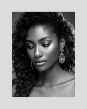 Portrait artistique en noir et blanc d’une femme noire antillaise avec maquillage turquoise et corail – affiche créole