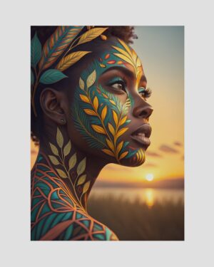 Portrait artistique de femme caribéenne de profil avec motifs floraux verts, bleus et dorés sous lumière tropicale, imprimé en Guadeloupe