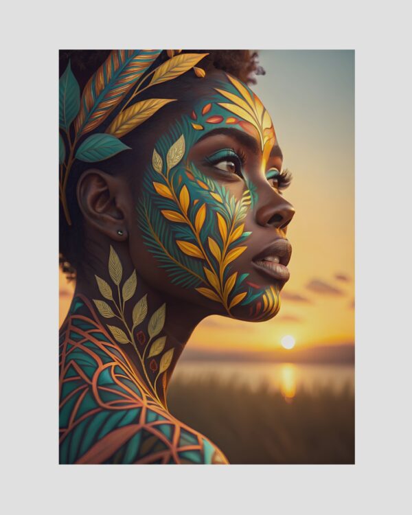 Portrait artistique de femme caribéenne de profil avec motifs floraux verts, bleus et dorés sous lumière tropicale, imprimé en Guadeloupe