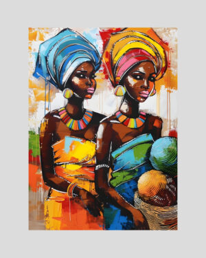 Affiche contemporaine de deux femmes africaines en tenues traditionnelles colorées