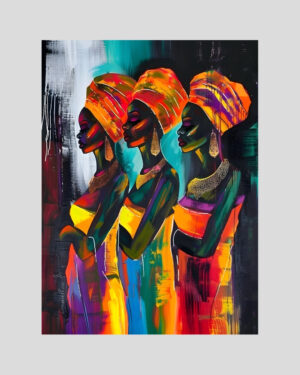 Affiche colorée de trois femmes africaines élancées en tenue traditionnelle moderne