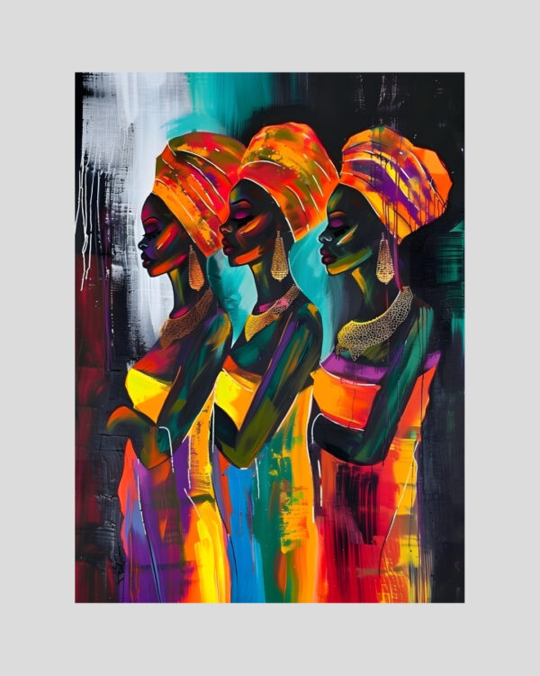 Affiche colorée de trois femmes africaines élancées en tenue traditionnelle moderne