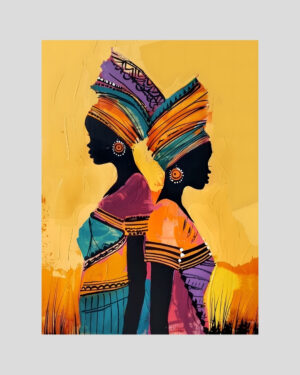 Affiche de deux femmes africaines de profil, style artistique moderne et coloré sur fond jaune