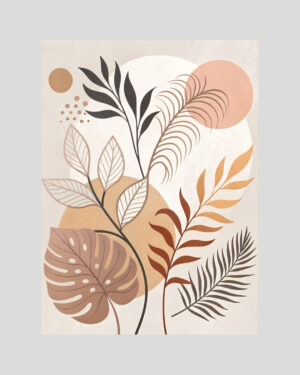 Affiche minimaliste de feuillages stylisés en terracotta, brun et beige clair sur fond abstrait