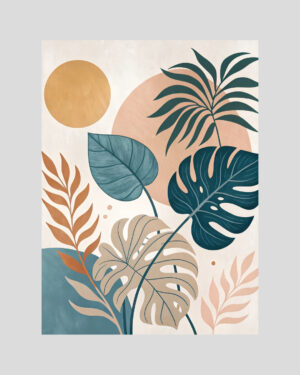 Affiche boho minimaliste représentant des feuilles tropicales stylisées aux tons sable, ocre et vert profond