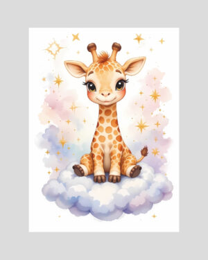 Affiche girafe enfant assise sur un nuage dans un ciel pastel avec étoiles dorées