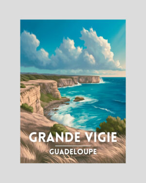 Affiche illustrée des falaises de la Grande Vigie en Guadeloupe avec océan et ciel bleu