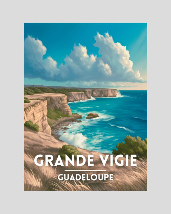 Affiche illustrée des falaises de la Grande Vigie en Guadeloupe avec océan et ciel bleu