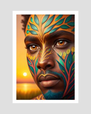 Portrait mural d’un homme créole orné de feuillages tropicaux, tons dorés et lumière chaude, imprimé en Guadeloupe