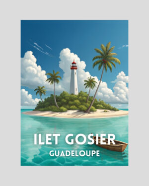 Affiche illustrée de l’îlet Gosier en Guadeloupe avec phare, cocotiers et lagon turquoise