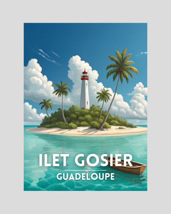 Affiche illustrée de l’îlet Gosier en Guadeloupe avec phare, cocotiers et lagon turquoise