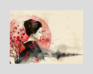 Affiche japonaise élégante avec geisha, mont Fuji et fleurs de cerisier